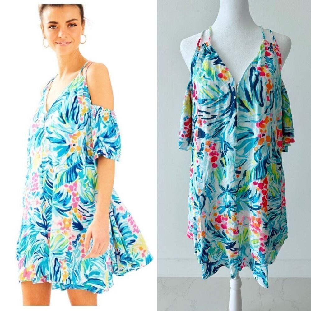 Lilly Pulitzer Bellamie Dress Serene Blue Cold Shoulder Floral Layered Mini Dres